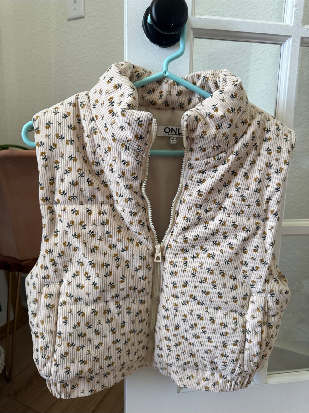 Only Cream Quilted Puff Vest with Mustard & Green Floral Print